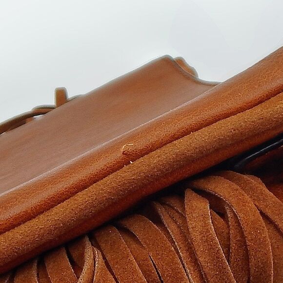 Aldo Brown Fringed Crossbody Bag Zippered Chain Faux Leather 8 Inch Boho - Picture 7 of 14